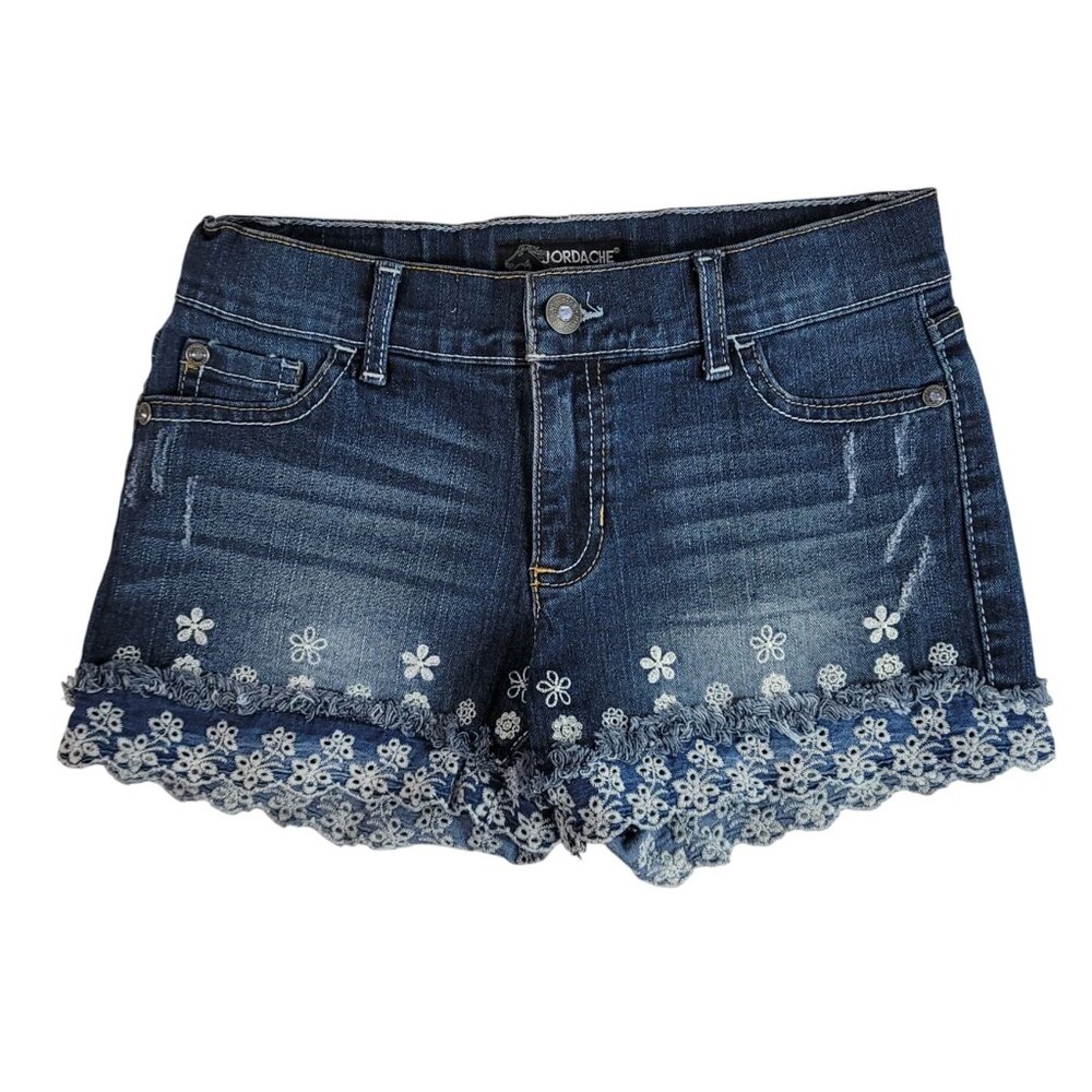 Jordache Denim Shorts Blue SZ 10 Rhinestone Button Floral Eyelet Embroidered Hem